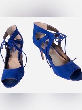 Audrey Brooke Bright Blue Suede Strappy Heels with front laces Size 10